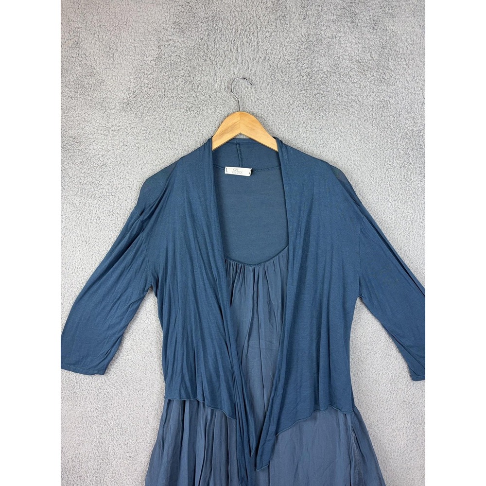 Baci Dress Womens M/L Blue Silk Blend Trapeze Hi-Low 3/4 Sleeve Made In Italy